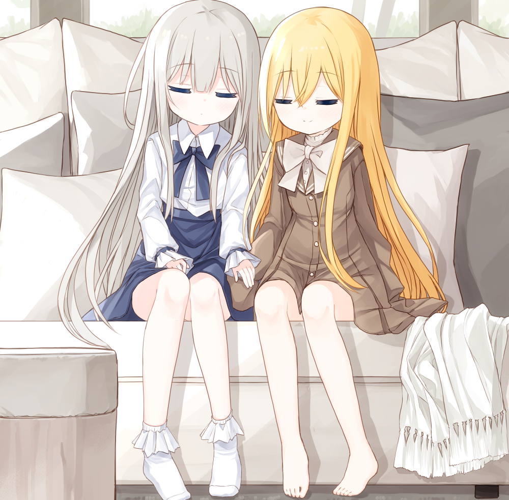 2girls, barefoot, blonde_hair, blue_bow, blue_skirt, bobby_socks, bow, brown_dress