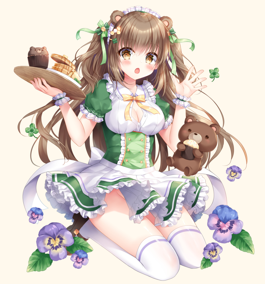 1girl, animal_ears, bear_ears, blue_flower, blush, bow, breasts, brown_background