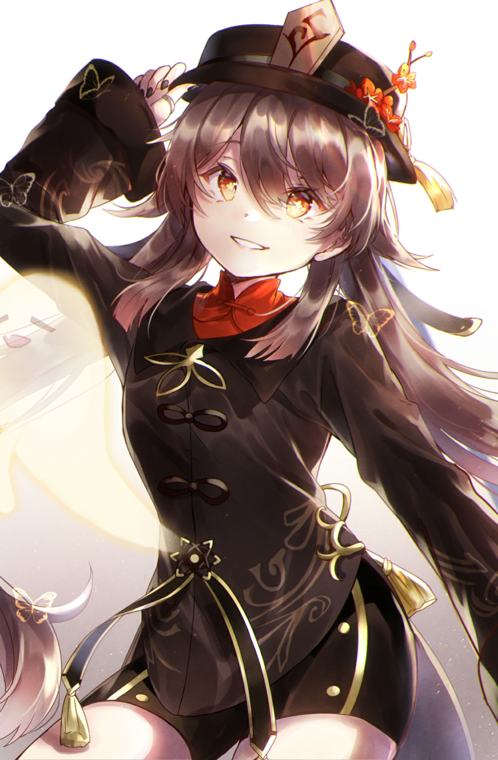 1girl, black_coat, black_hat, black_shorts, blush, bob_628, breasts, brown_hair