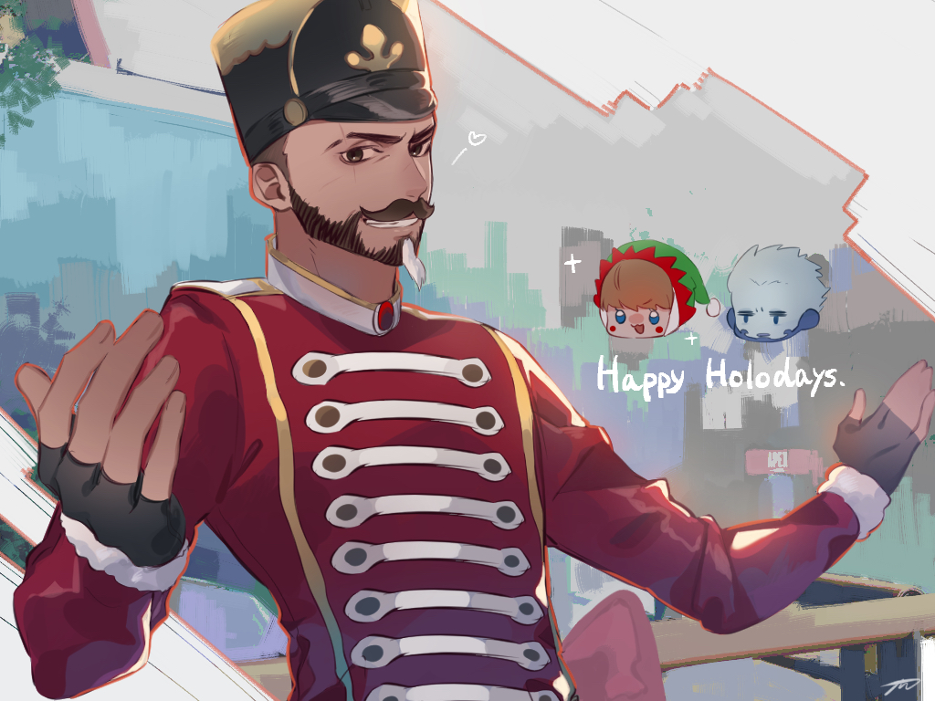 1girl, 2boys, animification, apex_legends, beard, black_gloves, black_headwear, blue_eyes, blue_skin, brown_hair, colored_skin, crypto_(apex_legends), facial_hair, fingerless_gloves, gloves, green_headwear, hack_frost_crypto, heart, iyo_(nanaka-0521), looking_at_viewer, mirage_(apex_legends), multiple_boys, mustache, open_hands, shocking_stuffer_wattson, smile, sparkle, the_wisecracker_mirage, wattson_(apex_legends), white_hair