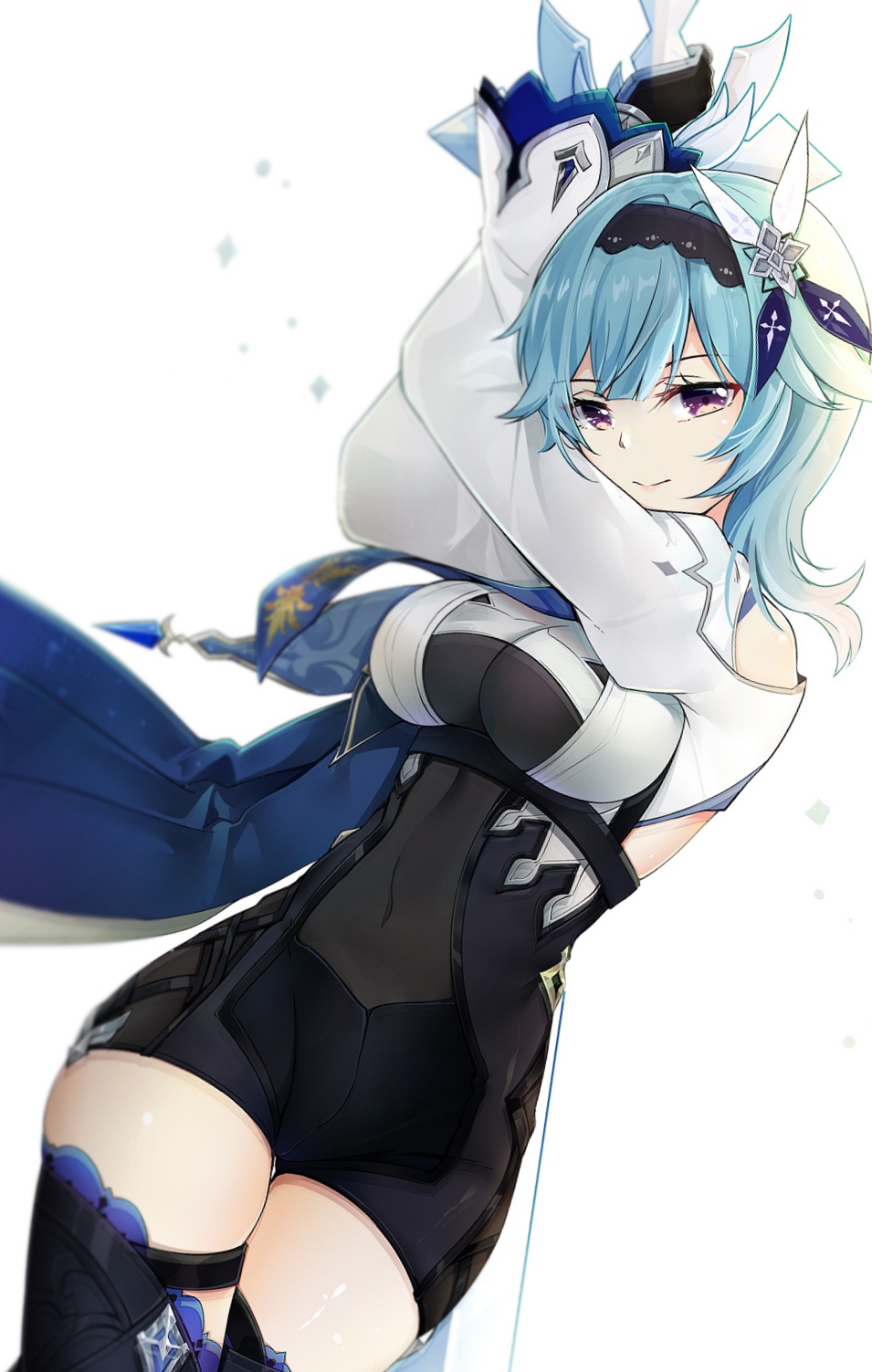 1girl, arms_up, blue_hair, bodystocking, breasts, cape, covered_navel, cowboy_shot
