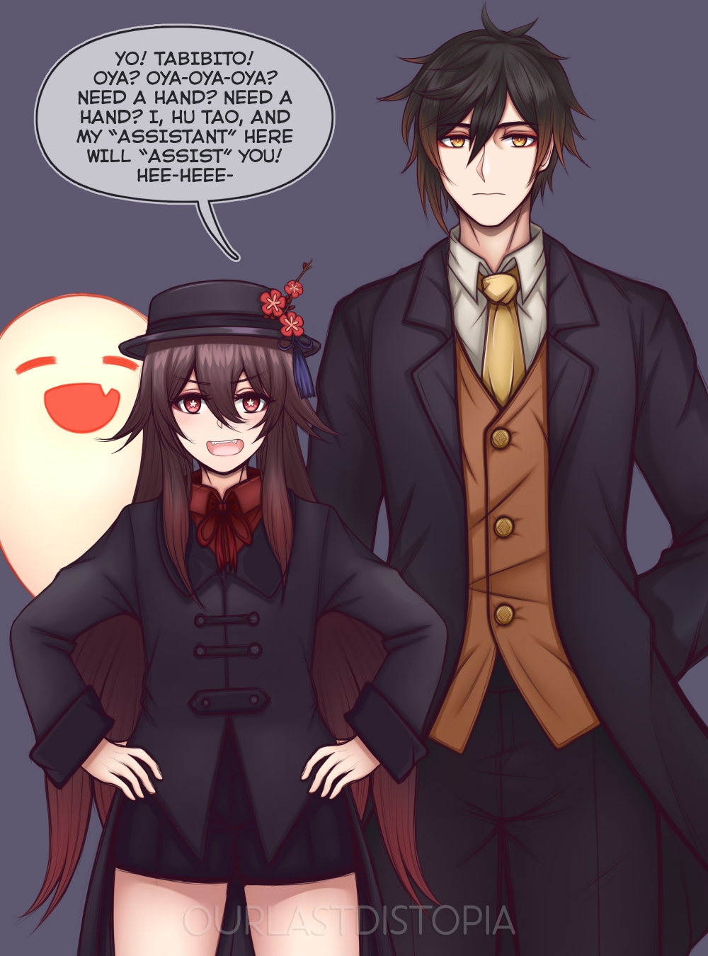 1boy, 1girl, black_hair, brown_hair, chinese_clothes, coat, collared_shirt, cowboy_shot