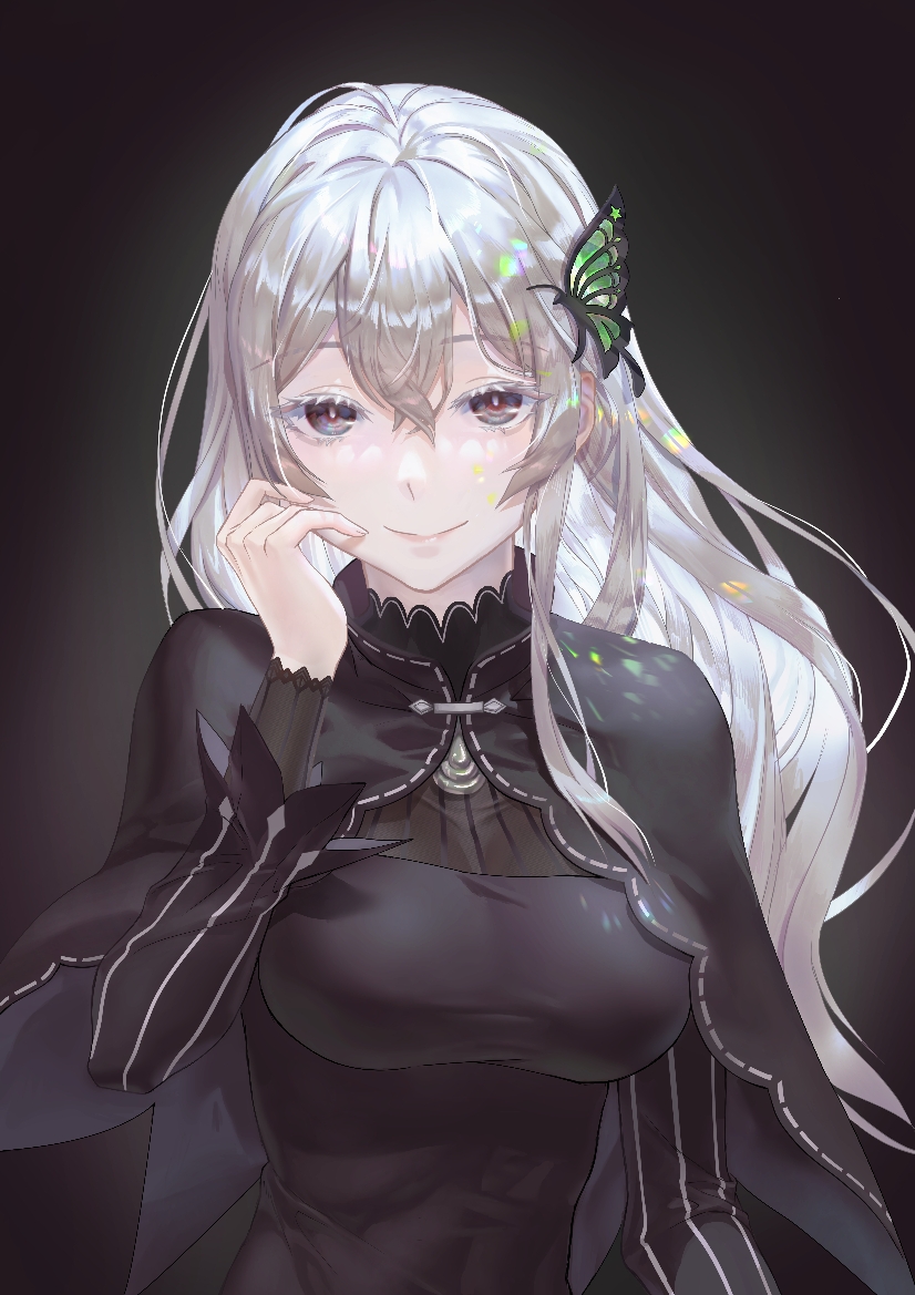 1girl, black_capelet, black_eyes, black_sleeves, blacksonata5, breasts, capelet, closed_mouth, colored_eyelashes, commentary_request, echidna_(re:zero), eyelashes, floating_hair, hair_between_eyes, hair_ornament, long_hair, long_sleeves, looking_at_viewer, medium_breasts, re:zero_kara_hajimeru_isekai_seikatsu, silver_hair, smile, solo, upper_body, very_long_hair, white_eyelashes