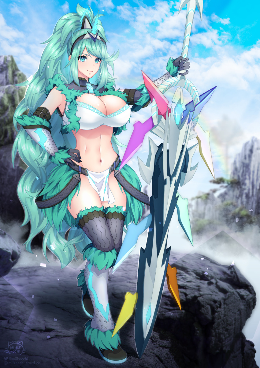 1girl, absurdres, breasts, cleavage, crop_top, crossover, female_focus, greatsword, green_eyes, green_hair, high_ponytail, highres, horns, kirin_(armor), large_breasts, long_hair, matching_hair/eyes, miike-san, monster_hunter:_world, monster_hunter_(series), navel, pneuma_(xenoblade), ponytail, revealing_clothes, single_horn, smile, solo, spoilers, sword, thighhighs, trait_connection, very_long_hair, weapon, xenoblade_chronicles_(series), xenoblade_chronicles_2
