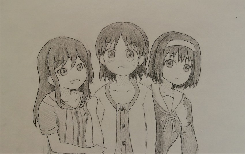 3girls, absurdres, gekidol, highres, hinasaki_izumi, kagami_airi, monochrome, morino_seria