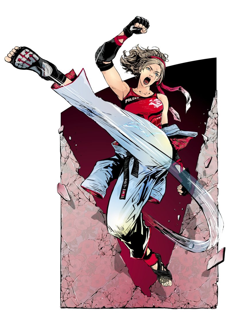 1girl, belt, black_belt, black_gloves, blonde_hair, blue_eyes, border, clothes_around_waist, collarbone, commentary, dougi, english_commentary, fingerless_gloves, full_body, gloves, headband, highres, jbstyle, karate, karate_gi, kicking, lidia_sobieska, martial_arts_belt, motion_lines, namco, official_art, open_mouth, poland, ponytail, red_headband, red_shirt, scar, scar_across_eye, scar_on_face, second-party_source, shirt, solo, tank_top, tekken, tekken_7, toeless_footwear, white_border