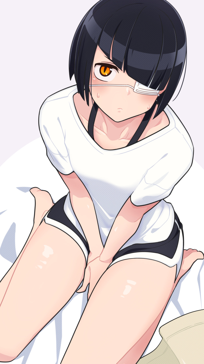 absurdres, bed, bed_sheet, black_hair, black_shorts, blush, closed_mouth, eyepatch
