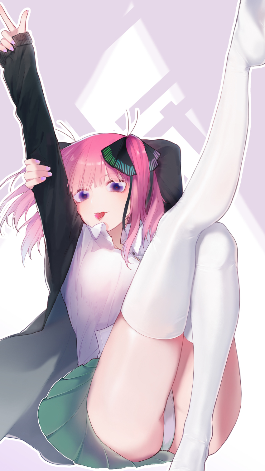 1girl, absurdres, arms_up, black_hair, black_jacket, black_ribbon, blazer, blue_nails