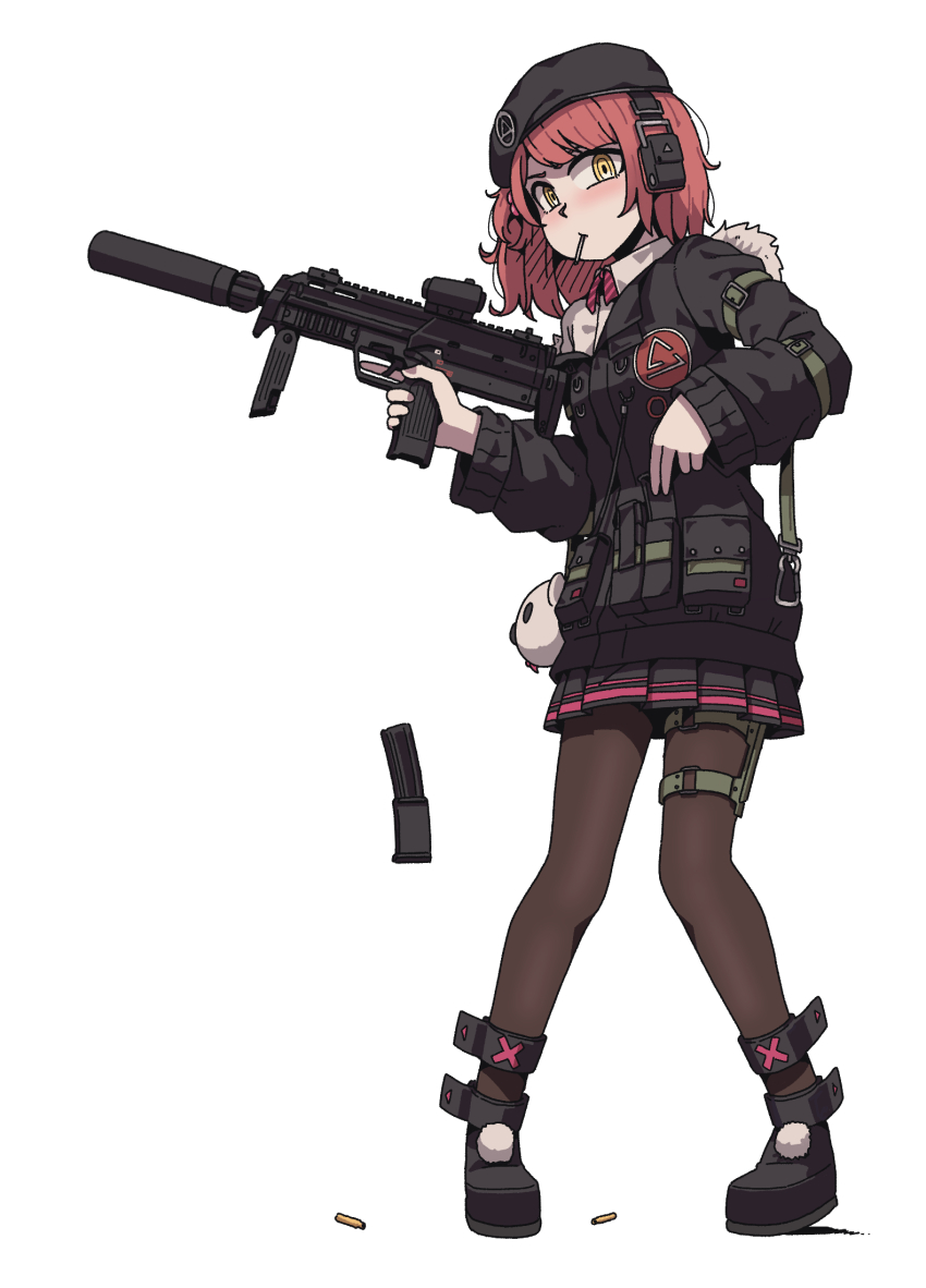 1girl, armor-piercing_ammunition, beret, girls'_frontline, gun, h&amp;k_mp7, hat, highres, hk_4.6x30mm, karepack, machine_pistol, military_cartridge, mp7_(girls'_frontline), pantyhose, pdw_cartridge, personal_defense_weapon, ponytail, red_hair, shell_casing, short_hair, solo, submachine_gun, supersonic_ammunition, suppressor, weapon, yellow_eyes