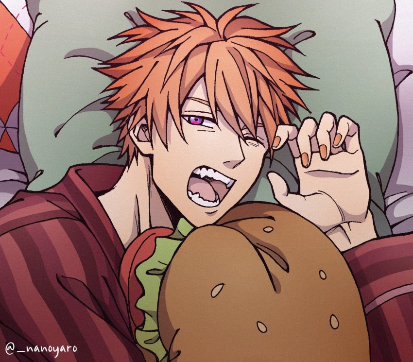 1boy, artist_name, bags_under_eyes, bed, beelzebub_(shall_we_date?:_obey_me!), burger, eyebrows, fang, fangs, fingernails, food, food_pillow, hair_between_eyes, lettuce, looking_at_viewer, lying, male_focus, nail_polish, nanoyaro, hugging_object, one_eye_closed, open_mouth, orange_hair, orange_nails, pale_skin, pillow, pillow_hug, purple_eyes, red_robe, robe, shall_we_date?:_obey_me!, sharp_teeth, short_hair, solo, solo_focus, striped, teeth, tomato, tongue, waking_up, watermark, yawning