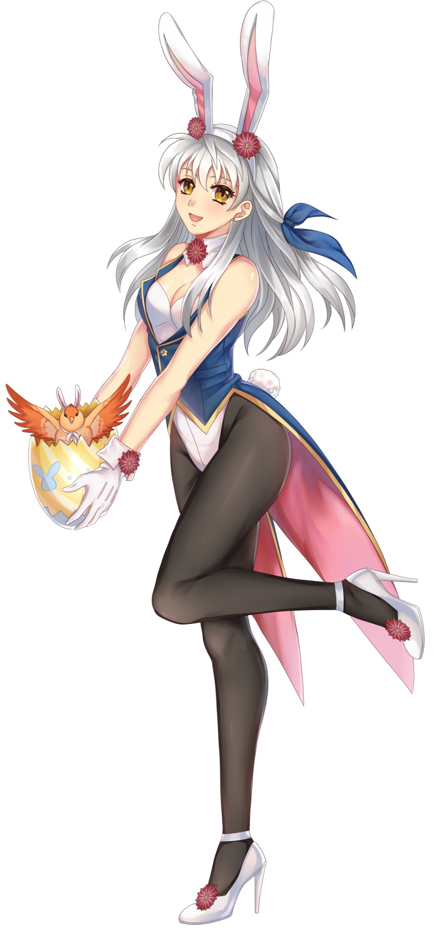 1girl, :d, absurdres, adapted_costume, alternate_costume, animal_ears, bare_shoulders, black_pantyhose, breasts, cleavage, collared_shirt, earrings, fake_animal_ears, fake_tail, fire_emblem, fire_emblem:_radiant_dawn, fire_emblem_heroes, flower, gloves, half_updo, high_heels, highres, jewelry, leenvidia, long_hair, micaiah_(fire_emblem), nintendo, open_mouth, pantyhose, playboy_bunny, rabbit_ears, shirt, silver_hair, simple_background, sleeveless, smile, snowsakurachan, solo, tail, white_background, white_footwear, white_gloves, wrist_cuffs, yellow_eyes