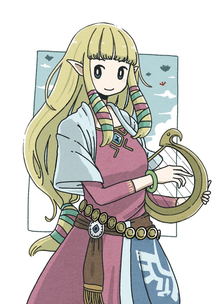 1girl, blonde_hair, blunt_bangs, cloud, dress, female_focus, highres, holding, holding_instrument, instrument, kageta_yu, long_hair, lyre, nintendo, pointy_ears, princess_zelda, sky, smile, solo, the_legend_of_zelda, the_legend_of_zelda:_skyward_sword, upper_body, white_background