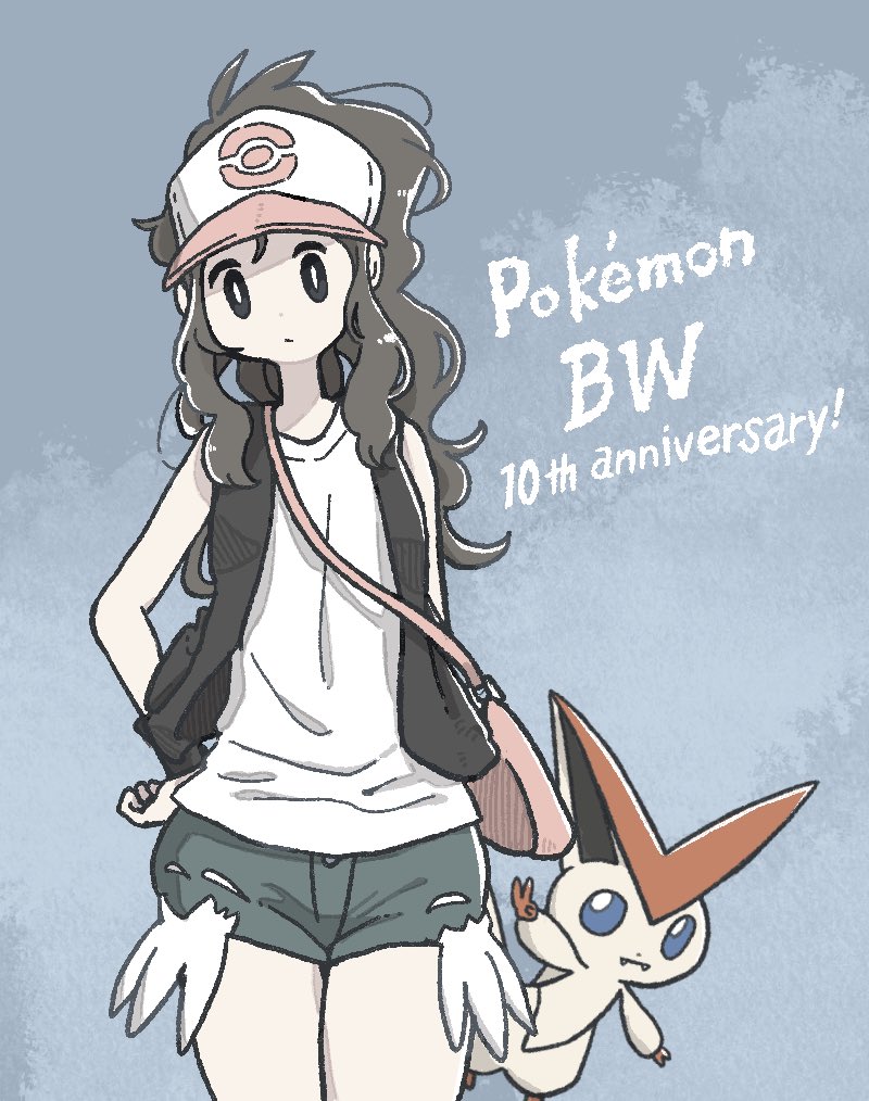 1girl, bag, brown_hair, cowboy_shot, english_text, fangs, gen_5_pokemon, hand_on_own_hip