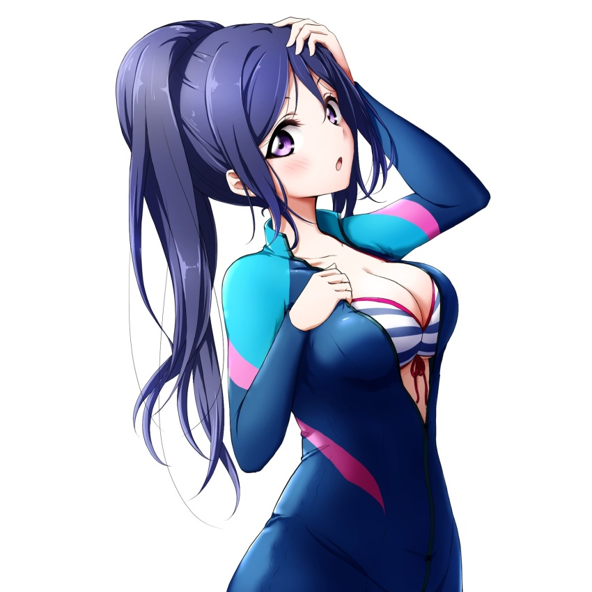 1girl, arm_up, bikini, blue_bodysuit, blue_hair, bodysuit, breasts, cleavage