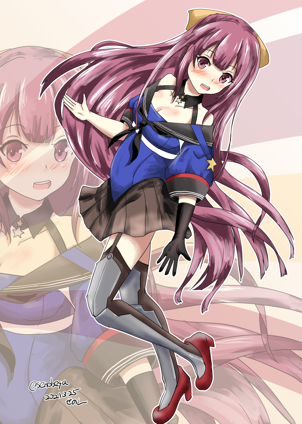 1girl, black_gloves, black_skirt, black_thighhighs, blue_shirt, breasts, cleavage, cosplay