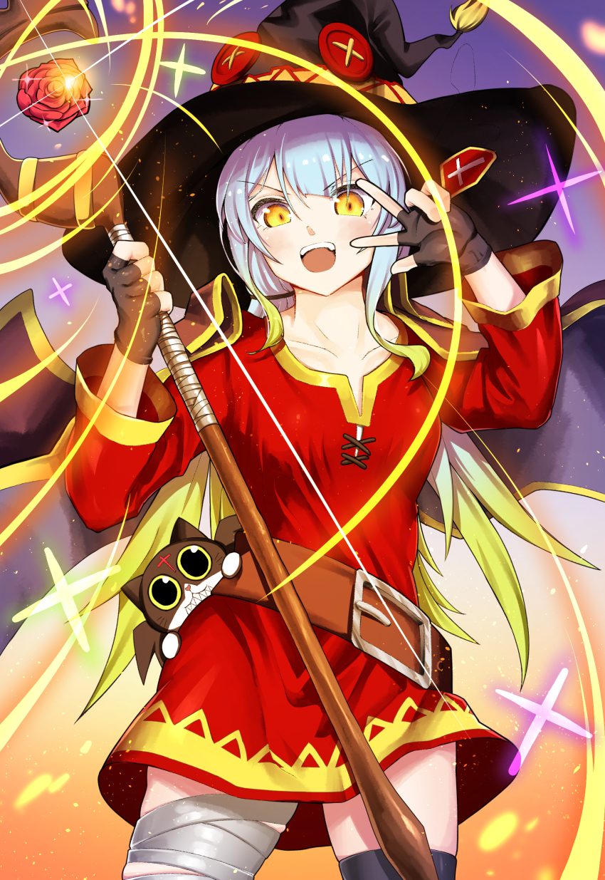 1girl, :d, absurdres, bandaged_leg, bandages, belt, black_gloves, black_headwear, black_thighhighs, blonde_hair, blush, brown_belt, cape, cat, chomusuke, commentary_request, cosplay, cowboy_shot, dress, fingerless_gloves, flower, gloves, hat, highres, holding, holding_staff, kim_chelswuchelswu, kono_subarashii_sekai_ni_shukufuku_wo!, long_hair, long_sleeves, looking_at_viewer, megumin, megumin_(cosplay), multicolored_hair, open_mouth, red_dress, red_flower, red_rose, rose, silver_hair, single_thighhigh, smile, sparkle, staff, standing, teeth, thighhighs, upper_teeth_only, v-shaped_eyebrows, w, wings, witch_hat
