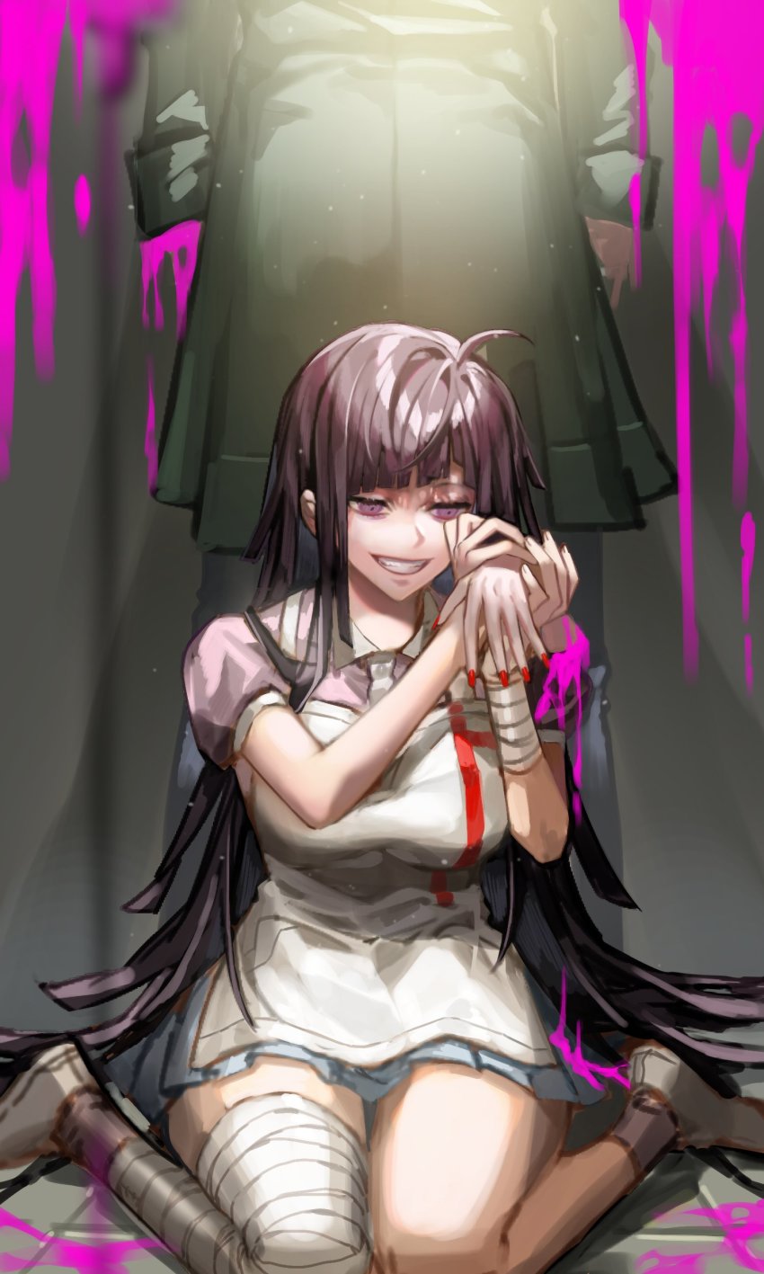 1girl, absurdres, ahoge, amputee, apron, bandaged_arm, bandaged_leg, bandages, black_hair, blood, brown_shoes, coat, commentary_request, danganronpa_(series), danganronpa_2:_goodbye_despair, ela_(h_an), from_behind, green_coat, grin, hand_grab, hands_up, highres, komaeda_nagito, long_hair, long_sleeves, nail_polish, on_floor, own_hands_together, pink_blood, pink_shirt, pleated_skirt, purple_eyes, red_nails, shirt, shoes, sitting, skirt, smile, smirk, solo, standing, tile_floor, tiles, tsumiki_mikan, wariza, white_apron