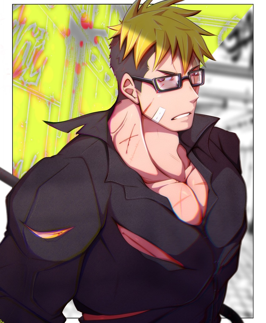 1boy, alternate_costume, bandaid, bandaid_on_cheek, bandaid_on_face, bara, black-framed_eyewear, black_shirt