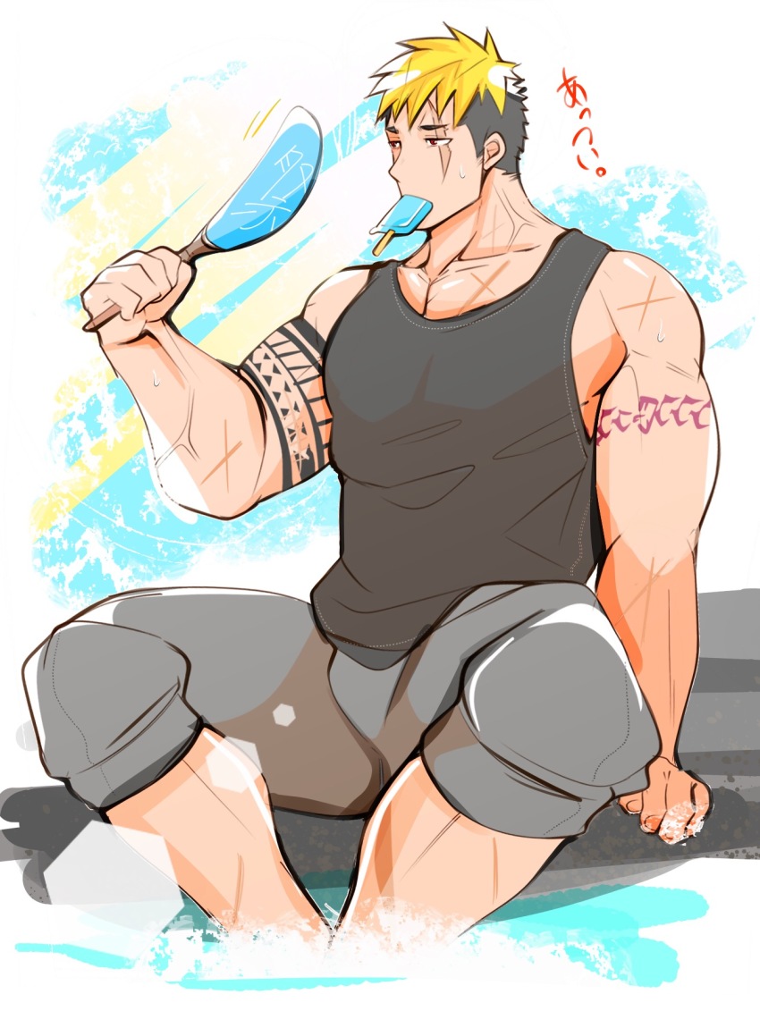 1boy, alternate_costume, arm_tattoo, bara, bare_shoulders, black_tank_top, blonde_hair, bulge