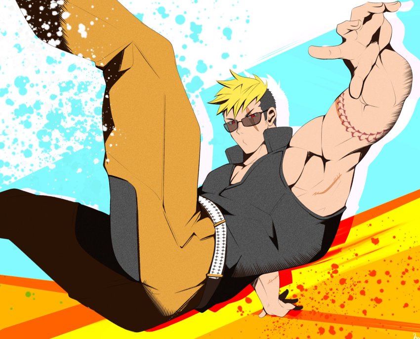 1boy, armpits, bara, blonde_hair, crotchless, crotchless_pants, crow_(siranui), dancing