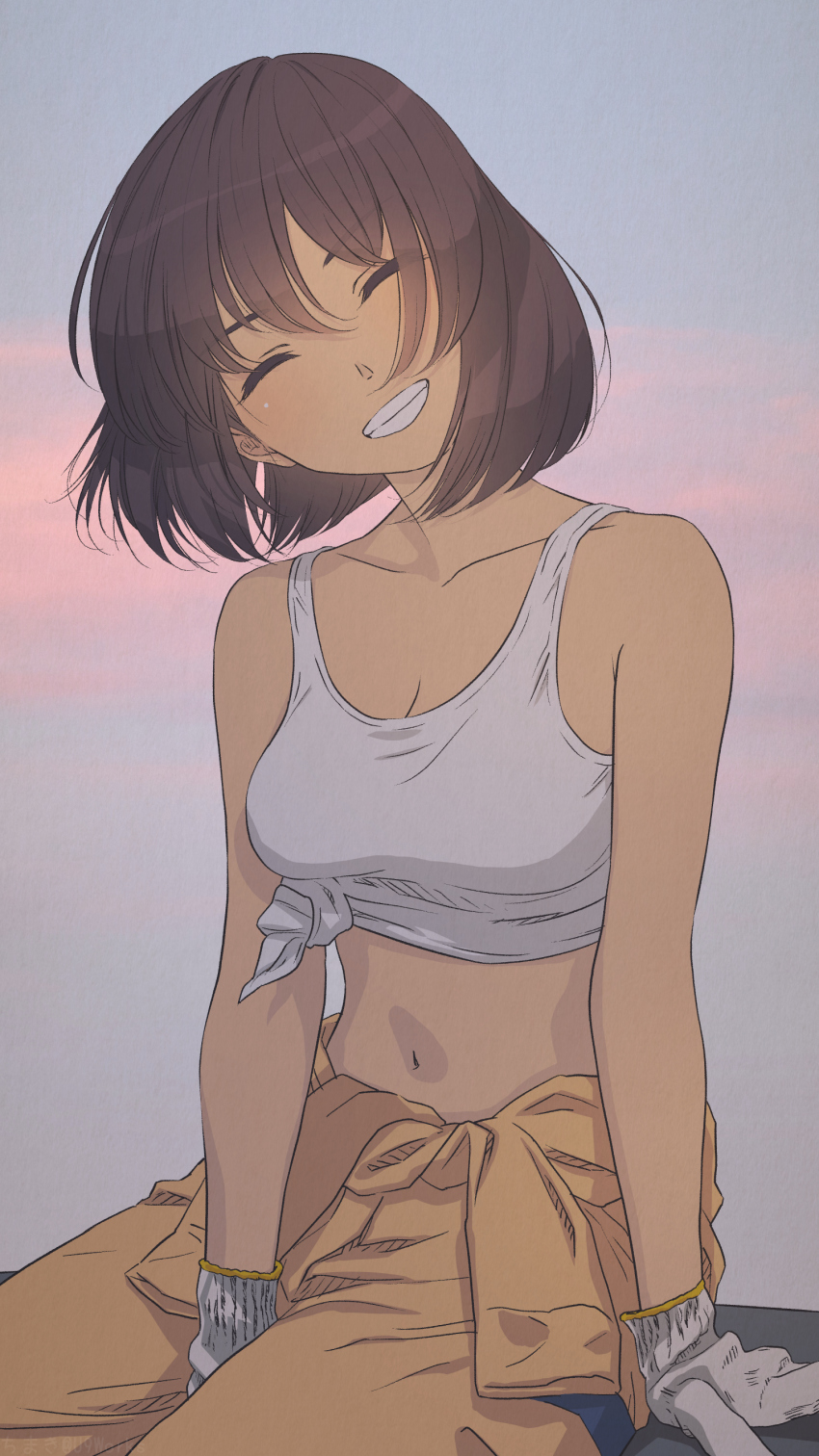 1girl, ^_^, absurdres, akagi_(fmttps), black_hair, breasts, cleavage, clenched_teeth