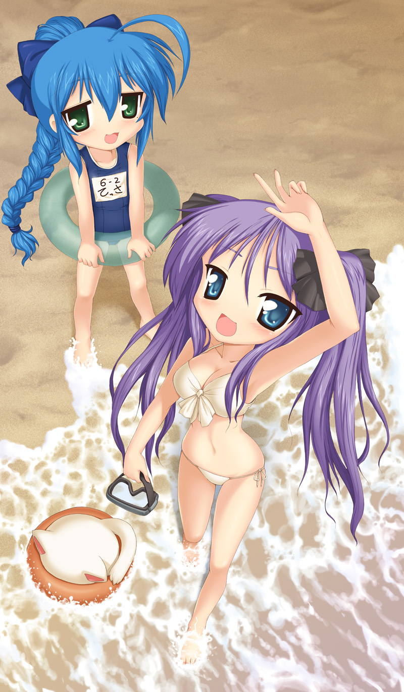 2girls, ahoge, aokihoshi, armpits, barefoot, beach, bikini, blue_eyes
