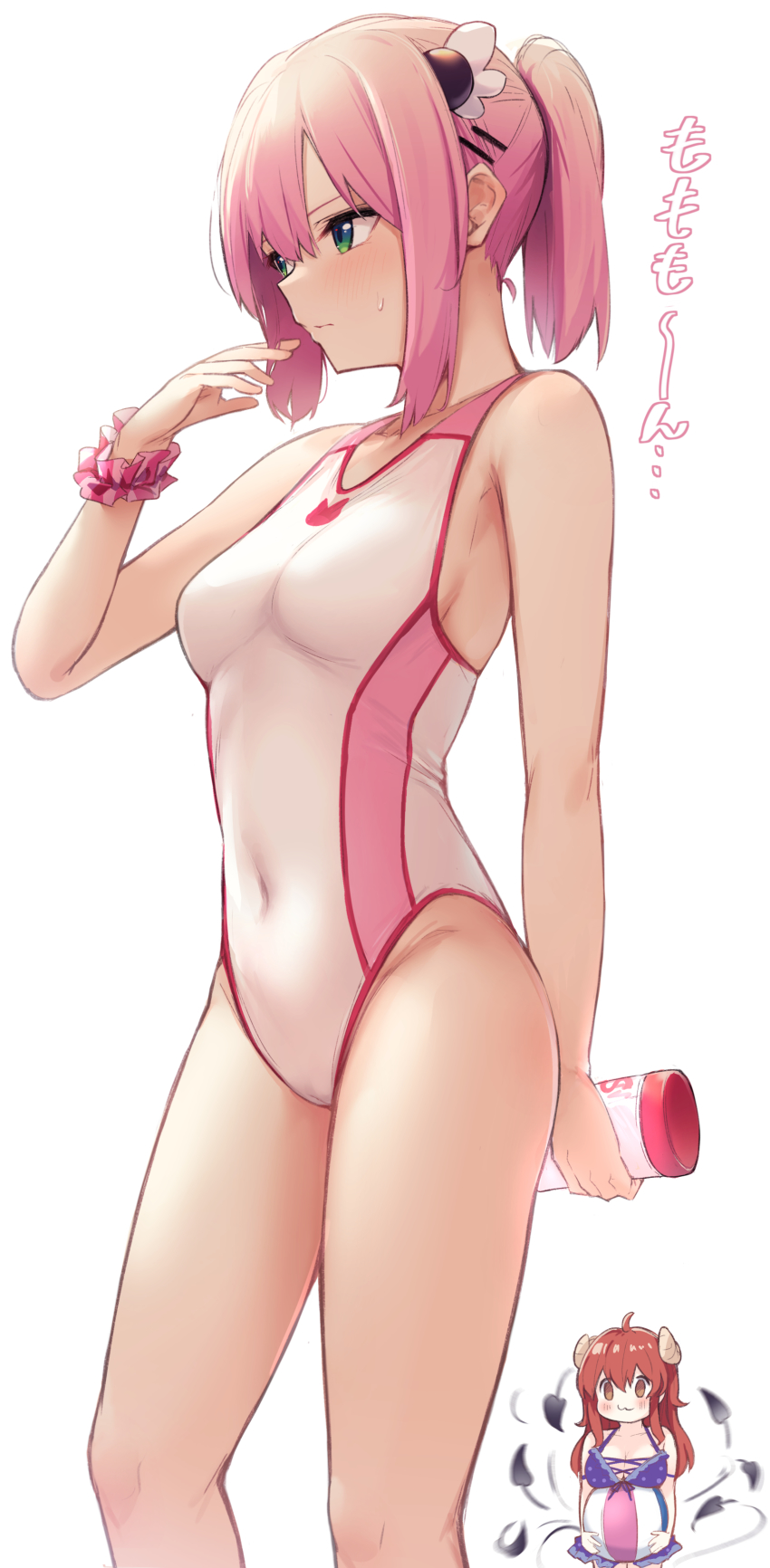 2girls, :3, absurdres, bikini, blush, borushichi, bottle, breasts, brown_eyes, chiyoda_momo, closed_mouth, competition_swimsuit, covered_navel, demon_girl, demon_horns, demon_tail, female_focus, front-tie_bikini_top, front-tie_top, green_eyes, hair_ornament, highres, holding, holding_bottle, horns, legs, looking_at_another, machikado_mazoku, medium_breasts, multiple_girls, one-piece_swimsuit, pink_hair, pink_scrunchie, ponytail, scrunchie, short_hair, simple_background, standing, sweatdrop, swimsuit, tail, tail_wagging, thighs, white_background, white_one-piece_swimsuit, wrist_scrunchie, yoshida_yuuko