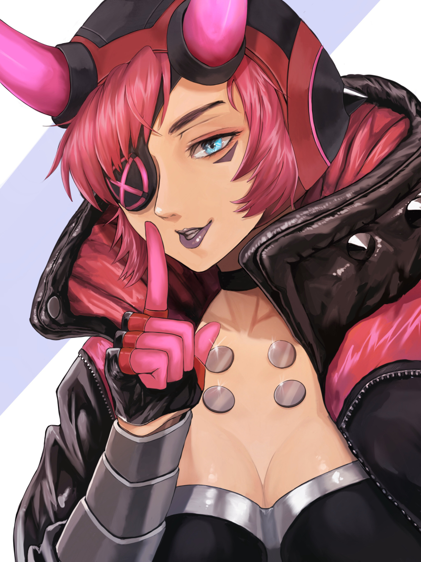 1girl, absurdres, apex_legends, black_choker, black_gloves, black_headwear, black_jacket, blue_eyes