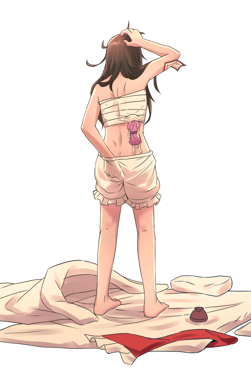 2girls, absurdres, ass, ass_grab, bed, bed_sheet, bloomers, brown_hair