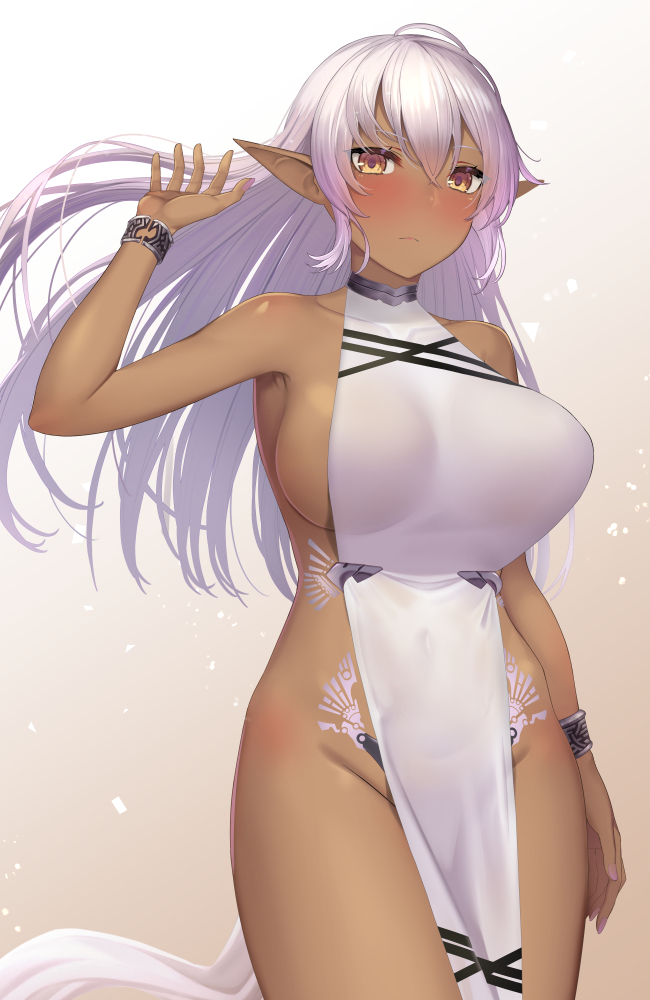 1girl, bare_arms, bare_shoulders, blush, bracelet, breasts, closed_mouth, collarbone