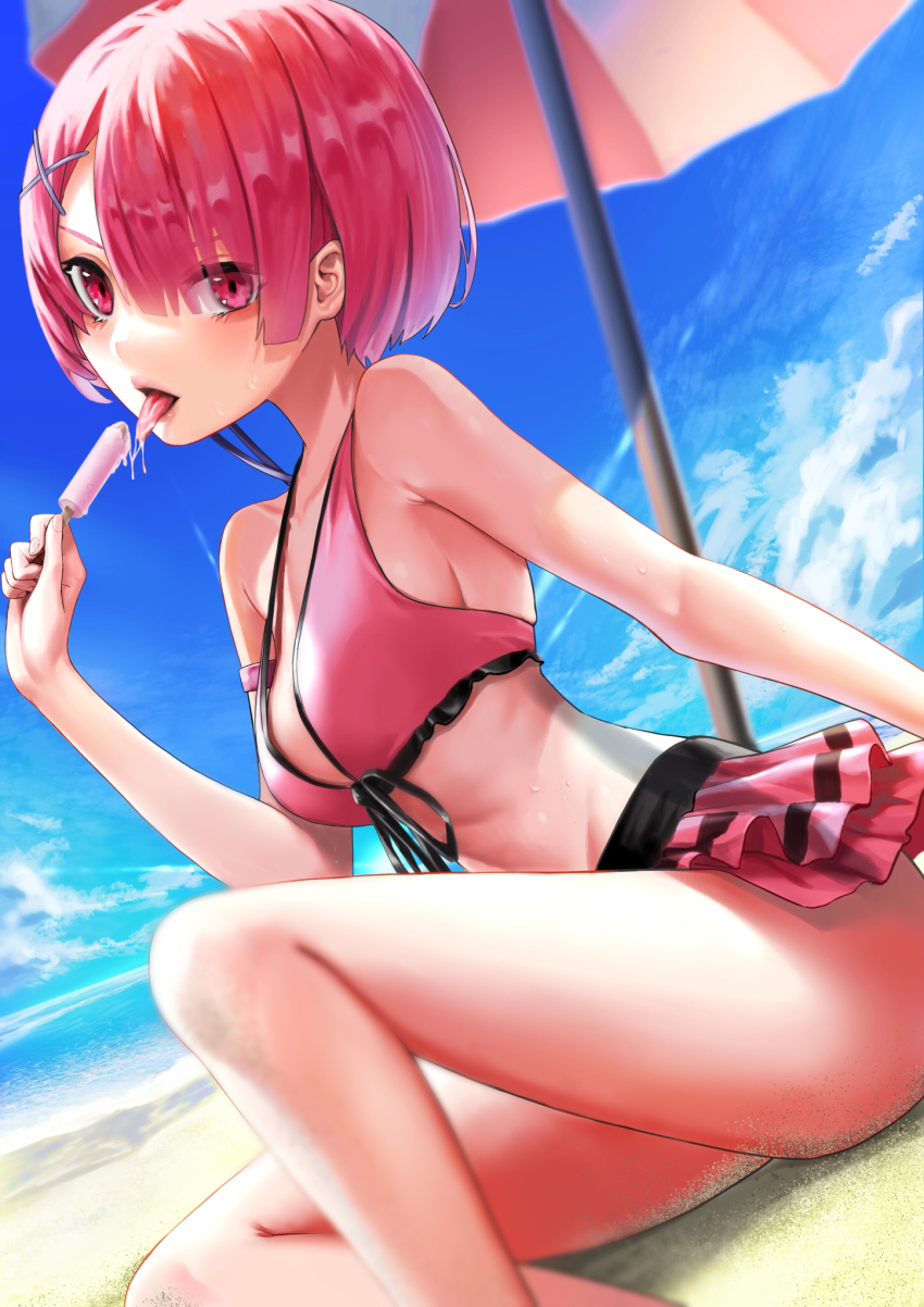 1girl, beach, bikini, bikini_skirt, black_ribbon, blue_sky, blunt_bangs, breasts, collarbone, day, dutch_angle, food, front-tie_bikini_top, front-tie_top, hair_between_eyes, head_tilt, highres, holding, holding_food, kos-owl, layered_skirt, miniskirt, ocean, open_mouth, outdoors, parasol, pink_bikini, pink_eyes, pink_hair, pink_skirt, pleated_skirt, popsicle, ram_(re:zero), re:zero_kara_hajimeru_isekai_seikatsu, ribbon, saliva, saliva_trail, short_hair, sideboob, sitting, skirt, sky, small_breasts, solo, strap_gap, summer, swimsuit, thighs, tongue, tongue_out, umbrella