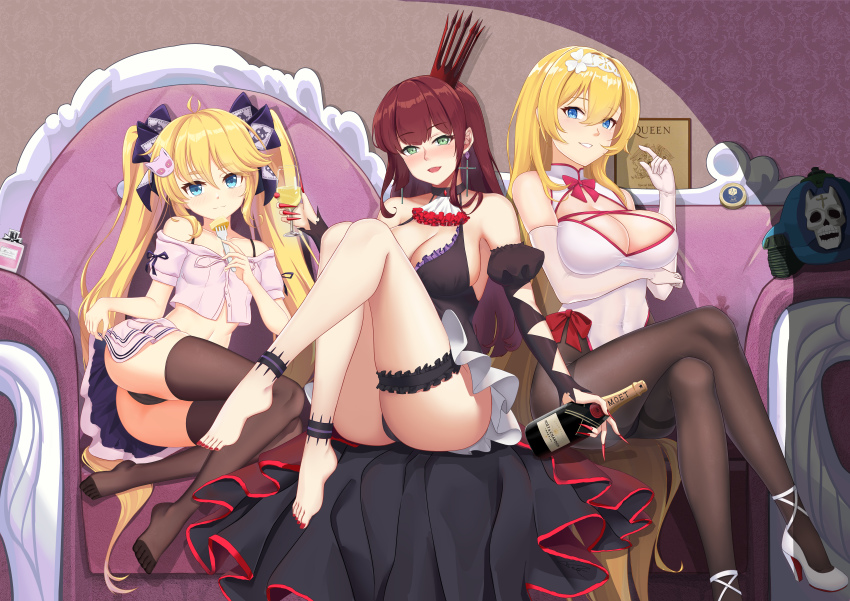 3girls, absurdly_long_hair, absurdres, adapted_costume, ahoge, alcohol, alternate_costume, andrea_doria_(warship_girls_r), ankle_strap, ascot, ass, black_dress, blonde_hair, blue_eyes, bottle, bow, breast_hold, breasts, brown_legwear, caviar, champagne, champagne_bottle, champagne_flute, character_hair_ornament, china_dress, chinese_clothes, choker, cleavage, cleavage_cutout, clothes_lift, clothing_cutout, couch, crop_top, crossed_arms, crown, cup, detached_sleeves, dress, drinking_glass, duke_of_york_(warship_girls_r), elbow_gloves, fingernails, fork, formidable_(warship_girls_r), frilled_dress, frilled_garter, frills, full_body, gloves, green_eyes, hair_bow, hair_ornament, high_heels, highres, holding, holding_bottle, holding_fork, jojo_no_kimyou_na_bouken, killer_queen, knees_up, large_breasts, legs, long_hair, looking_at_viewer, multiple_girls, nail_polish, navel, no_shoes, off-shoulder_shirt, off_shoulder, panties, pantyhose, pantyshot, perfume_bottle, poster_(object), product_placement, queen_(band), red_eyes, red_nails, sharp_fingernails, shirt, sidelocks, sitting, skindentation, skirt, skirt_lift, spaghetti_strap, strappy_heels, taskforce141-doria, thighhighs, thighs, twintails, underwear, very_long_hair, wallpaper_(object), warship_girls_r, white_footwear
