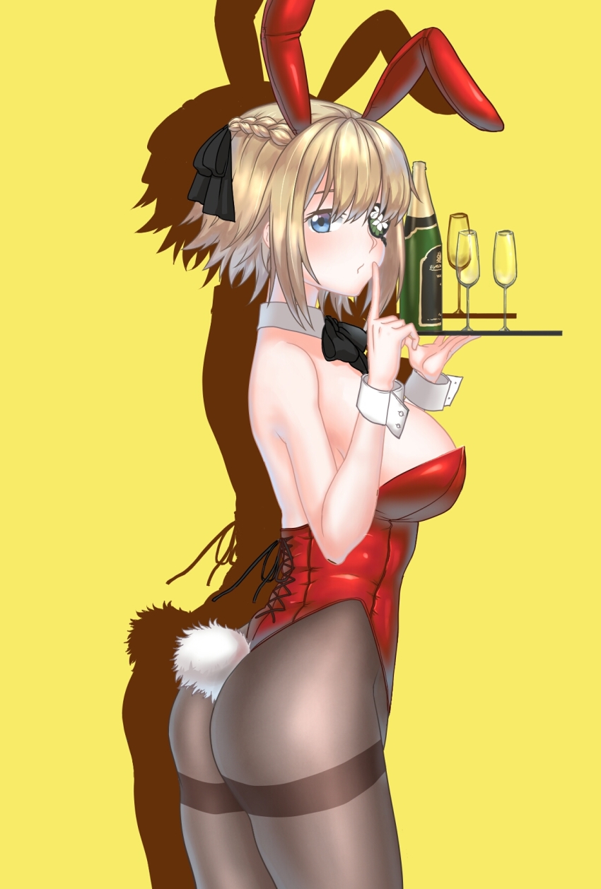 1girl, alternate_costume, ass, bingdian_lihua, blonde_hair, blue_eyes, bottle, braid, breasts, brown_pantyhose, bustier, champagne_flute, cowboy_shot, cup, drinking_glass, drop_shadow, eyepatch, finger_to_mouth, french_braid, from_side, hair_ribbon, highres, large_breasts, pantyhose, playboy_bunny, prince_of_wales_(warship_girls_r), ribbon, short_hair_with_long_locks, shushing, simple_background, solo, thighband_pantyhose, thighs, tray, warship_girls_r, wine_bottle, wrist_cuffs, yellow_background