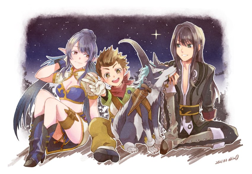 1girl, 3boys, adjusting_hair, akimo_(cb21), arm_up, artist_name, bag, bandana