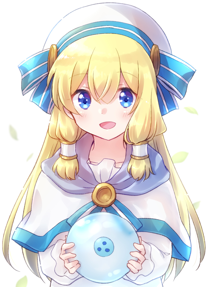 1girl, :d, absurdres, animal, blonde_hair, blue_eyes, capelet, dress