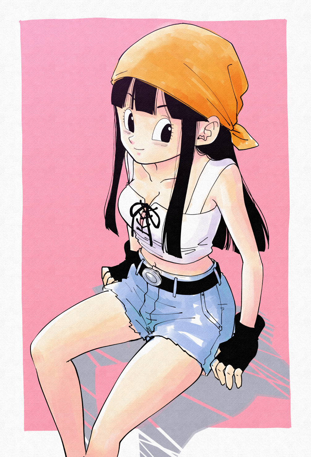 1girl, aged_up, alternate_costume, arm_support, arms_at_sides, bad_id, bad_pixiv_id, bandana, bare_arms, bare_legs, belt, black_belt, black_eyes, black_gloves, black_hair, blunt_bangs, border, breasts, cleavage, closed_mouth, collarbone, crop_top, cross-laced_clothes, cross-laced_top, denim, denim_shorts, dragon_ball, dragon_ball_gt, eyelashes, facing_viewer, feet_out_of_frame, fingerless_gloves, from_above, gloves, grey_border, happy, highres, hime_cut, knees_apart_feet_together, long_hair, looking_to_the_side, medium_breasts, midriff, navel, orange_bandana, pan_(dragon_ball), pink_background, pipi2020pipi, shadow, short_shorts, shorts, sidelocks, simple_background, sitting, smile, solo, straight_hair