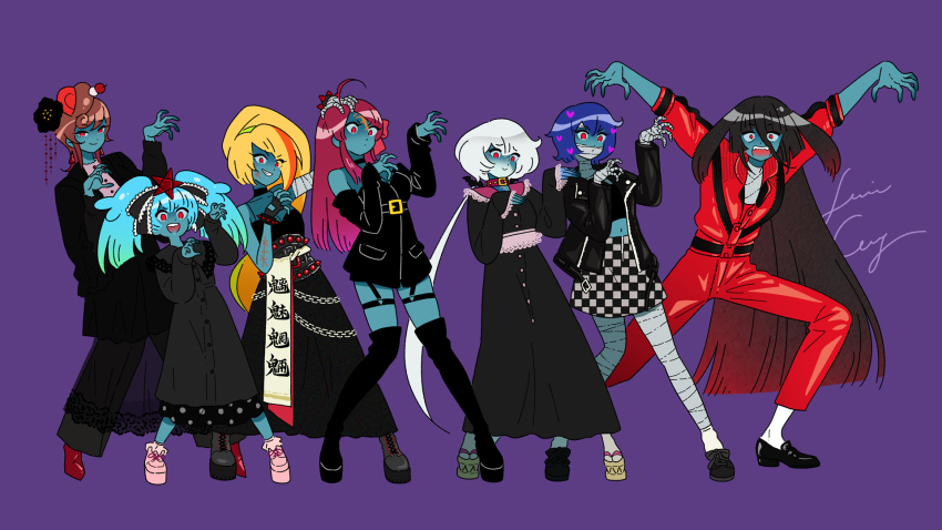 6+girls, animal_collar, bandaged_arm, bandaged_hand, bandaged_leg, bandages, belt_buckle, black_dress