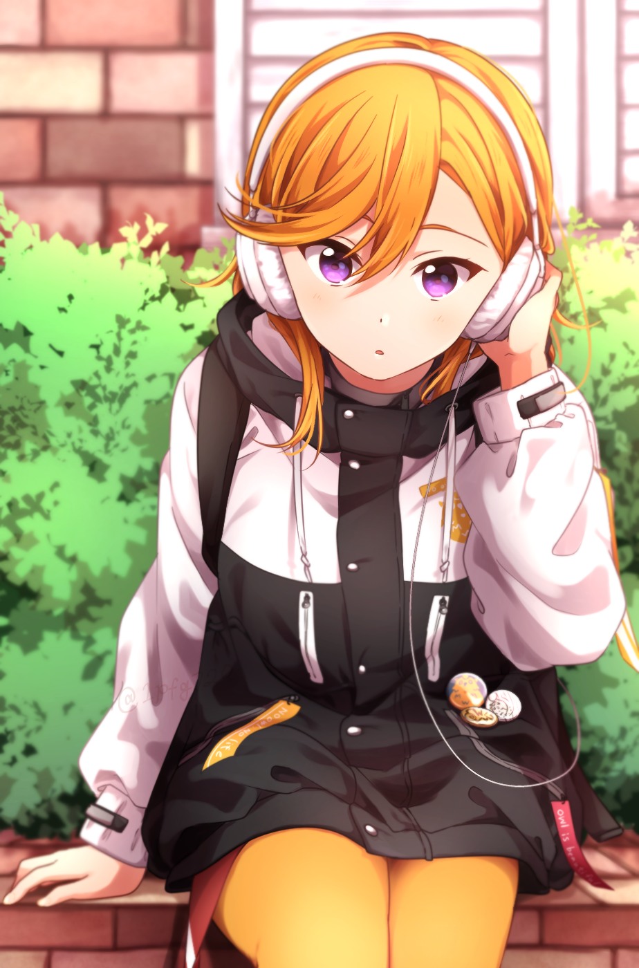 1girl, :o, brick_wall, bush, commentary_request, headset, highres, jacket