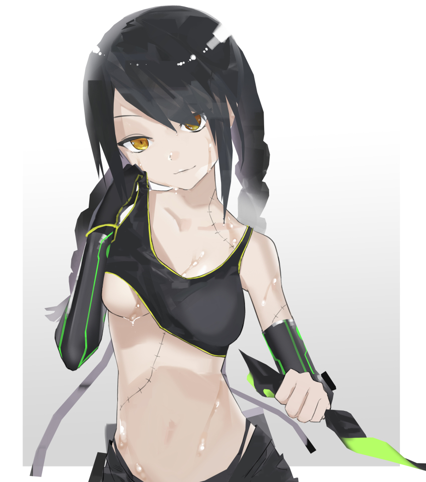 1girl, absurdres, alternate_eye_color, arm_sheath, belt, belt_pouch, black_gloves, black_hair, black_shorts, braid, breasts, clothes_lift, collarbone, crop_top, detached_sleeves, girls'_frontline, gloves, gradient_background, green_trim, grey_background, hair_over_one_eye, hand_on_own_cheek, hand_on_own_face, head_tilt, highres, holding, knife, long_hair, looking_at_viewer, low_twintails, mac-10_(girls'_frontline), medium_breasts, midriff, navel, pouch, qkd331, shirt_lift, shorts, single_glove, smirk, solo, stitches, strap, sweat, thong, twin_braids, twintails, underboob, wiping_sweat, wiping_with_clothes, yellow_eyes