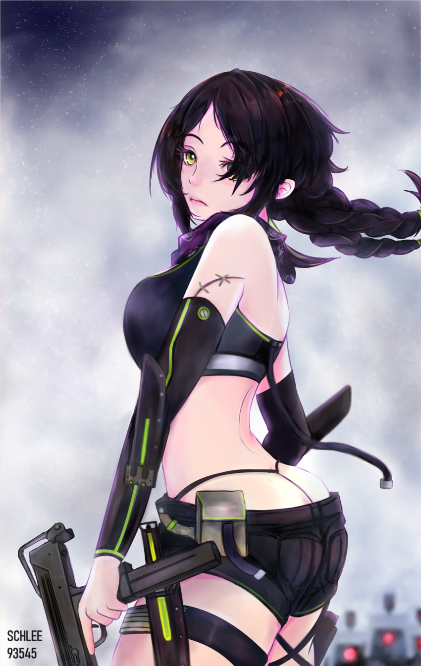 1girl, arm_sheath, artist_name, back, bandana, belt, belt_pouch, bikini