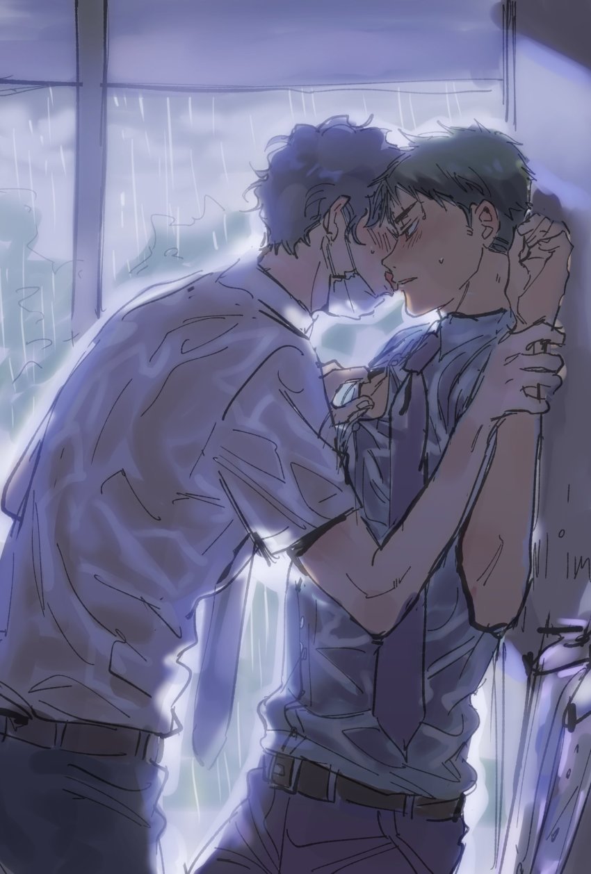 2boys, belt, bikkusama, black_hair, black_legwear, black_pants, blush, brown_hair, collared_shirt, eyebrows, face_mask, haikyuu!!, highres, holding_another's_wrist, kiss, male_focus, mask, mouth_mask, multiple_boys, necktie, pale_skin, pants, pinned, profile, purple_neckwear, rain, sakusa_kiyoomi, shirt, short_hair, short_sleeves, surgical_mask, sweat, tongue, tongue_out, ushijima_wakatoshi, wet, wet_clothes, wet_hair, wet_shirt, white_shirt, window, yaoi
