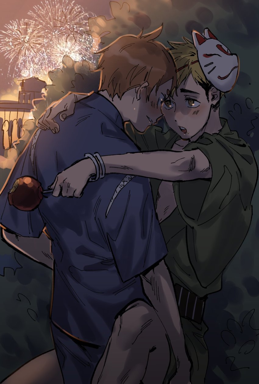 2boys, arms_around_neck, bare_legs, bikkusama, blonde_hair, blue_kimono, blush, brown_eyes, brown_hair, candy_apple, eye_contact, eyebrows, festival, fireworks, food, fox_mask, green_kimono, haikyuu!!, highres, imminent_kiss, japanese_clothes, kimono, komori_motoya, looking_at_another, male_focus, mask, miya_atsumu, multiple_boys, pale_skin, straddling, yaoi