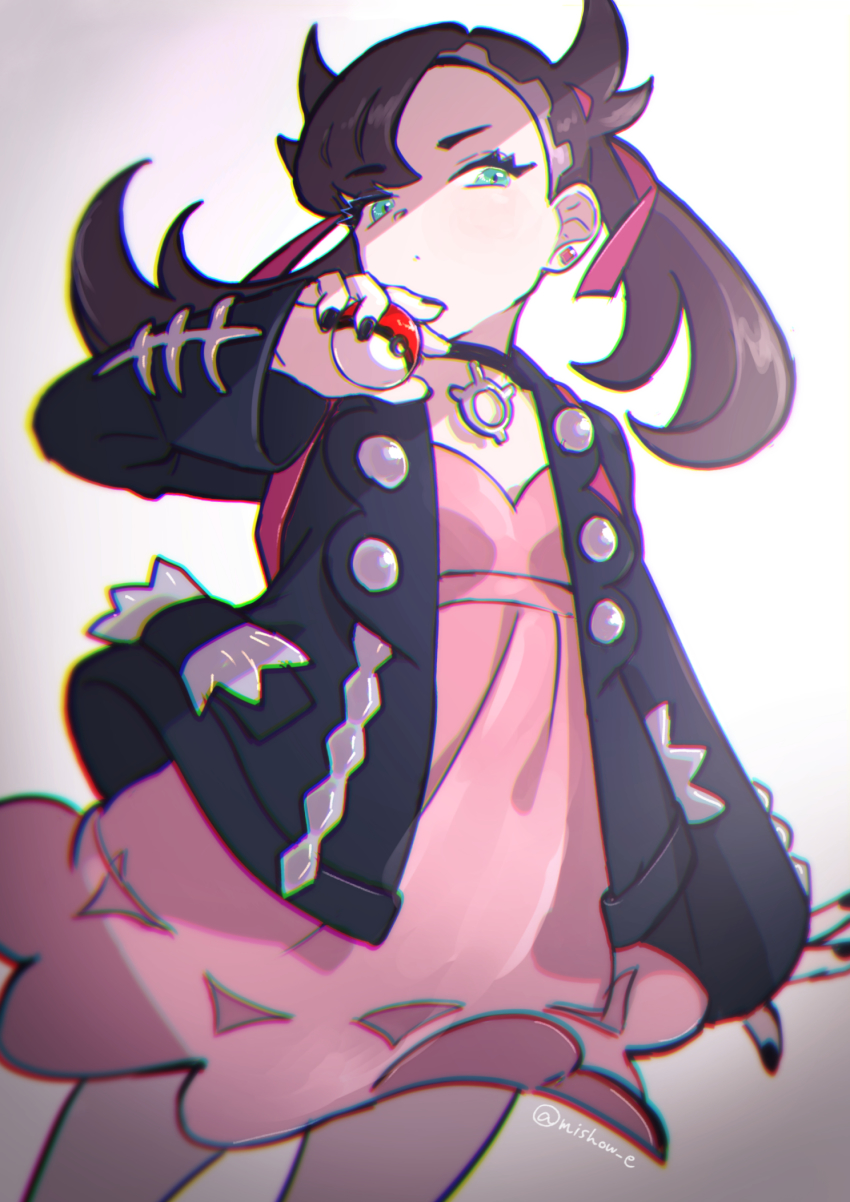 asymmetrical_bangs, black_choker, black_hair, black_jacket, black_nails, choker, dress, earrings, green_eyes, hair_ribbon, highres, holding, holding_poke_ball, jacket, jewelry, marnie_(pokemon), medium_hair, mishoww, nail_polish, nintendo, open_clothes, open_jacket, pink_dress, poke_ball, pokemon, pokemon_sword_and_shield, ribbon, serious, solo, twintails