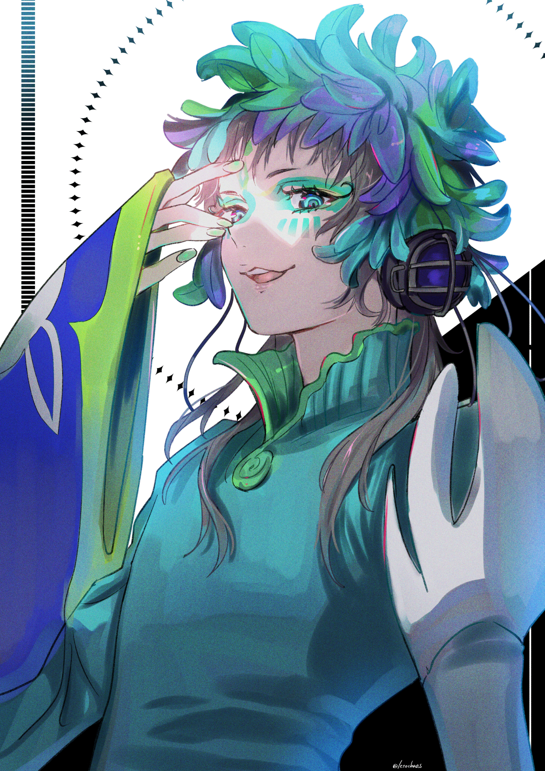 1other, artist_name, black_hair, blue_eyes, blue_hair, facial_mark, feathers, forehead_mark, gnosia, green_hair, green_nails, headphones, highres, letochaos, long_hair, long_sleeves, looking_at_viewer, makeup, multicolored_hair, nail_polish, open_mouth, raqio, smile, solo, upper_body, white_background