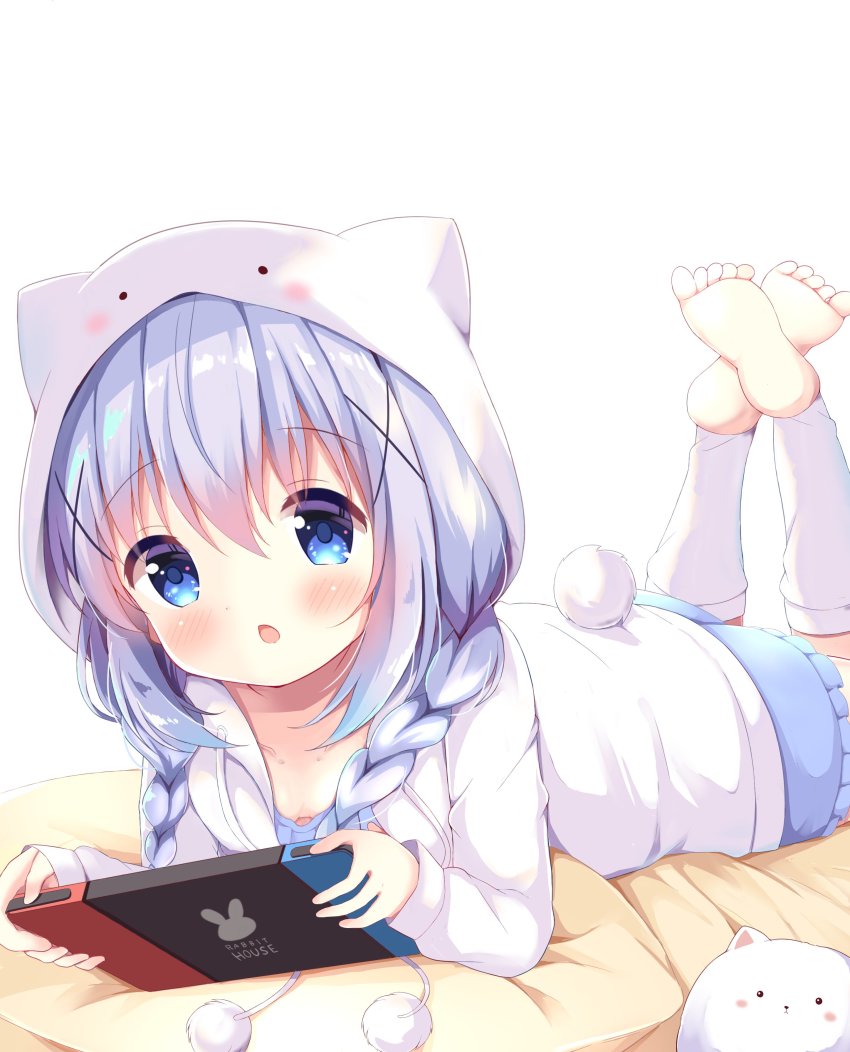 1girl, absurdres, angora_rabbit, animal, barefoot, blue_camisole, blue_eyes, blue_hair