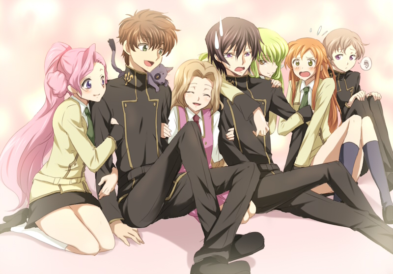 00s, 3boys, 4girls, ^_^, animal, animal_on_shoulder, arm_support, arthur_(code_geass)
