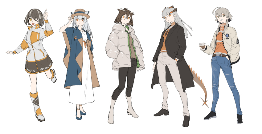 5girls, absurdres, alternate_costume, arknights, bird_girl, boots, denim, dragon_girl