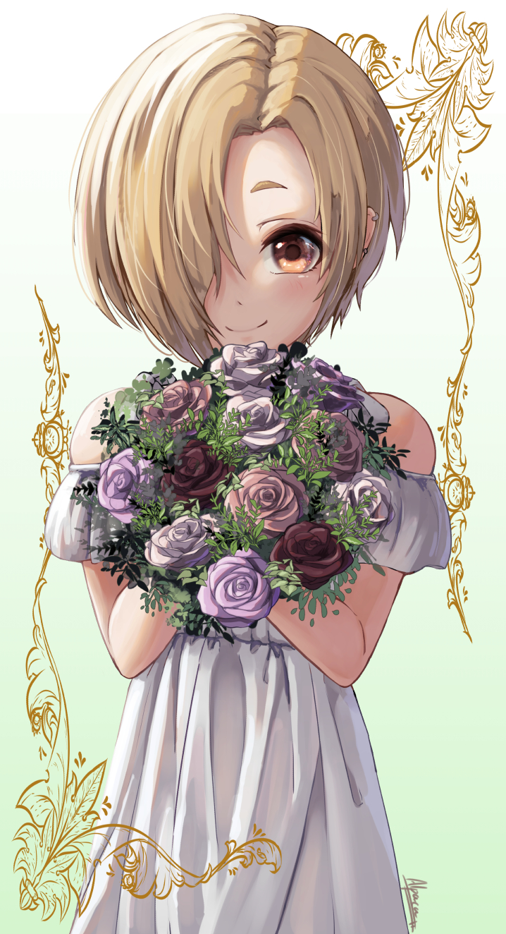 1girl, alpaca_(alpaca00011), bags_under_eyes, blonde_hair, blush, dress, hair_between_eyes, hair_over_one_eye