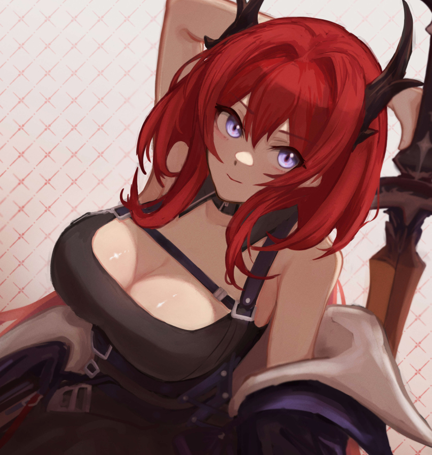 1girl, absurdres, arknights, arm_behind_head, arm_up, belt, black_belt, black_dress, black_jacket, breasts, chest_belt, cleavage, collarbone, demon_horns, dress, hair_between_eyes, hair_intakes, highres, holding, holding_sword, holding_weapon, horns, jacket, large_breasts, long_hair, looking_at_viewer, off_shoulder, purple_eyes, red_hair, short_dress, sidelocks, sleeveless, sleeveless_dress, smile, solo, surtr_(arknights), suzutaro, sword, upper_body, weapon