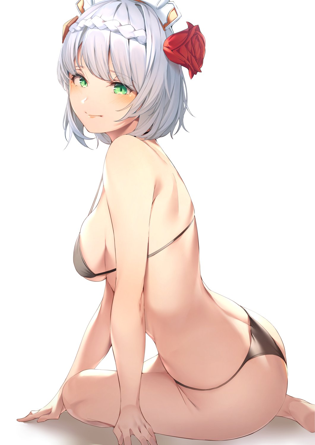 1girl, amagimei, ass, bare_arms, bare_shoulders, bikini, black_bikini, blunt_bangs